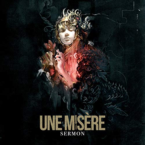 The image is a music album cover with a dark, ornate design. Alt text: Dark album cover with ornate illustration and gold text "UNE MISERE SERMON".