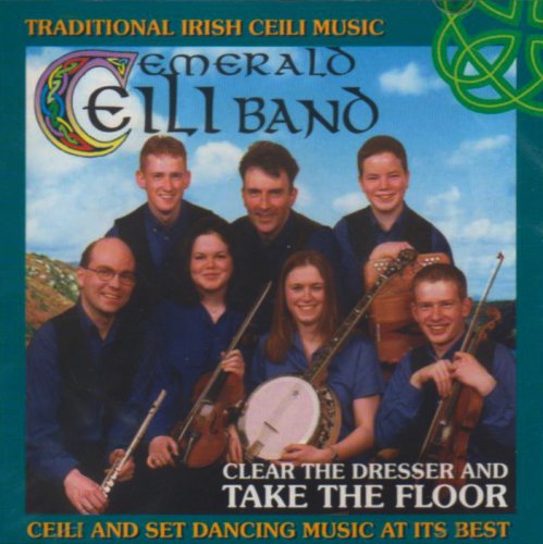 "CD cover featuring Emerald Ceili Band, seven musicians holding instruments, against a blue sky."