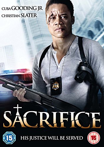 DVD cover for "Sacrifice" featuring a man holding a shotgun with a police badge.