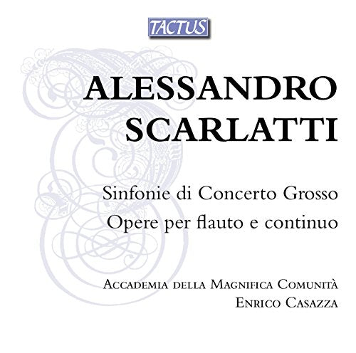 The image is a CD cover for "Alessandro Scarlatti: Sinfonie di Concerto Grosso". * The cover features a white background with a light purple, swirling design on the left side. * The title and artist name are prominently displayed in black text. * The top of the cover has a logo that reads "Tactus" in white text within a purple rectangle. A suitable alt text for this image could be: "CD cover with white background, purple design