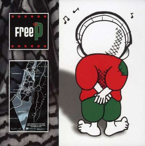 A cartoon character with a sewn head, red shirt, and green pants, surrounded by music notes.
