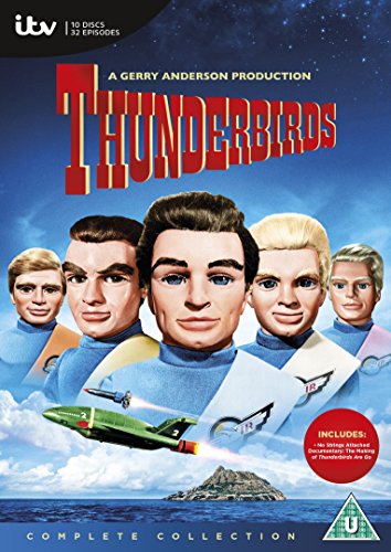 "Thunderbirds DVD cover featuring five characters and a green jet against a blue sky."