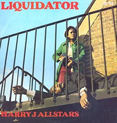 "Album cover with man on fire escape, 'LIQUIDATOR' and 'HARRY J ALLSTARS' in red text."