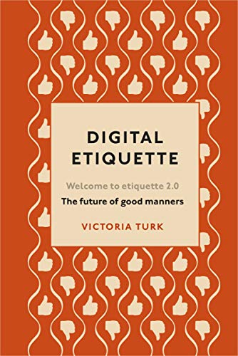 "Book cover with orange background, thumbs up and down pattern, and title 'Digital Etiquette'."