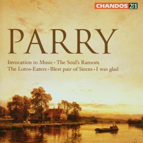 "CD cover with serene lake scene and 'PARRY' in large text, featuring choral work titles."