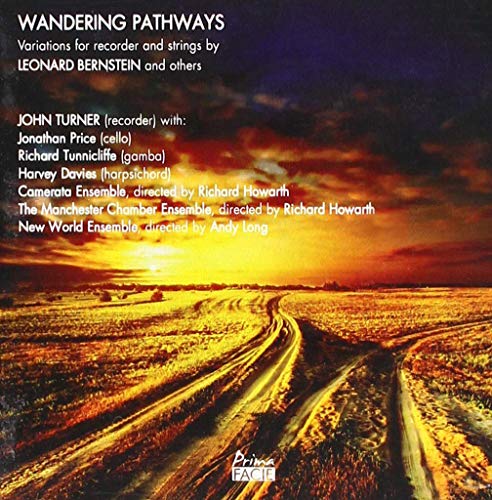 "Wandering Pathways" CD cover featuring a serene rural landscape at sunset with white text.