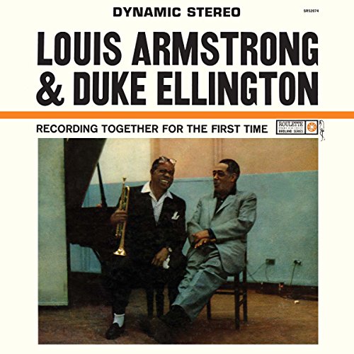 "Vinyl record cover featuring Louis Armstrong and Duke Ellington sitting together, smiling."