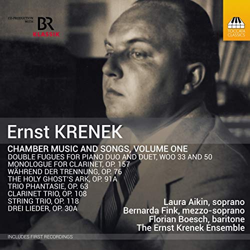 CD cover with black-and-white portrait of Ernst Krenek and white text listing musical compositions.