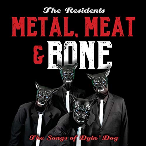 "Album cover with four suited figures wearing dog masks against a black background."