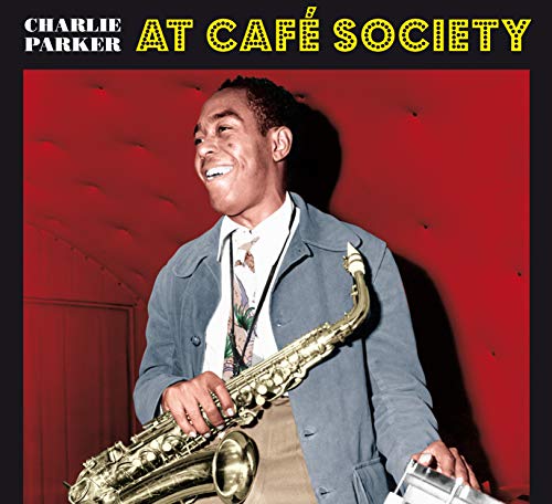 "Album cover featuring Charlie Parker holding a saxophone, smiling, against a red background."
