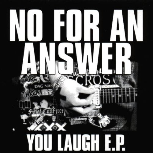 Vinyl record cover with black background, white text, and a black-and-white guitar image.