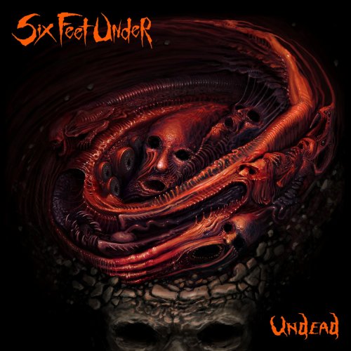 Album cover art featuring a red, swirling skull design on a black background.