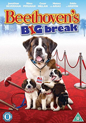 "Image of Beethoven's Big Break DVD cover featuring a St. Bernard dog and puppies on a red carpet."