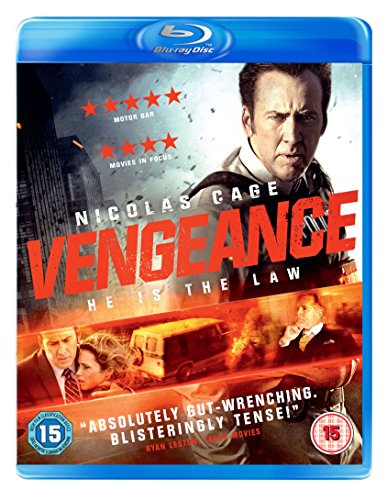 "Blu-ray case with Nicolas Cage on the cover, titled 'Vengeance' in red letters."