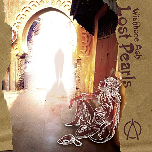 "Album cover with torn edge, silhouette in archway, and sketched figure on the ground."