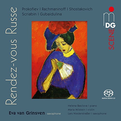 "Album cover with abstract portrait of a woman, blue dress, and red background."