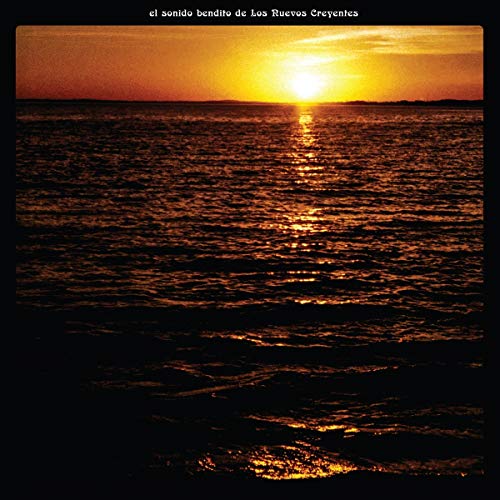 "Vinyl record cover with a serene sunset over the ocean, reflecting on the water."