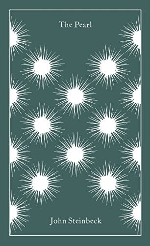 The image depicts a green book cover with white pearl designs and text. Alt text: Green book cover with white pearls and author name "John Steinbeck".