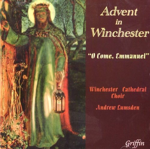 "CD cover with a religious figure and text 'Advent in Winchester' on a red background."