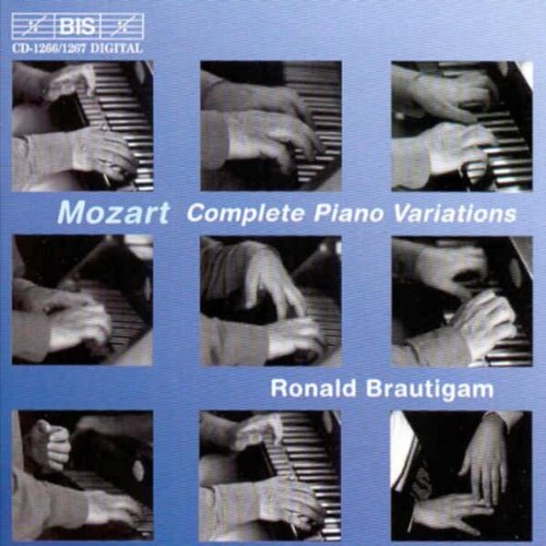 Blue CD cover with black-and-white images of hands playing piano, titled "Mozart Complete Piano Variations".
