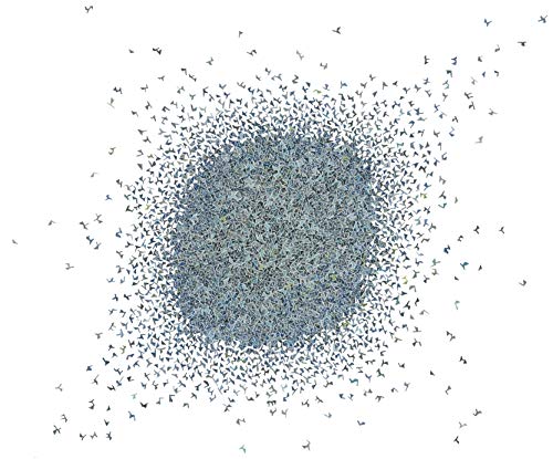 A large flock of small birds in a circular formation against a white background.