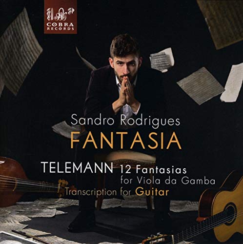 CD cover featuring a man surrounded by guitars and sheet music on a black background.