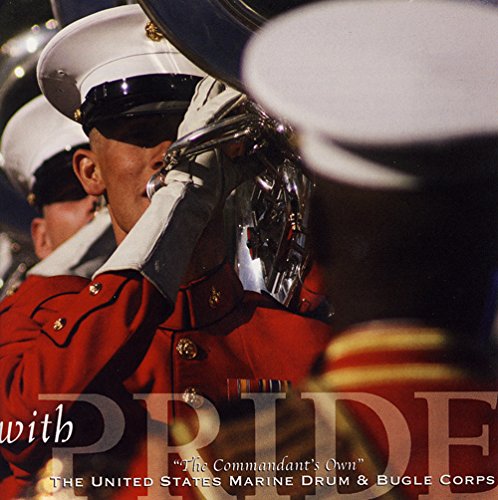 "Marine band musicians in red uniforms playing silver drums and bugles."