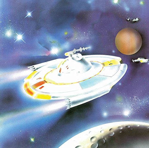 "Vinyl record cover featuring illustration of UFOs in outer space with stars and planets."