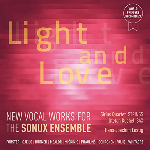 "CD cover with red background, yellow text 'Light and Love', and list of names."