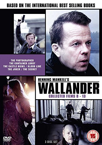 DVD cover for "Wallander: Collected Films 8-13" featuring scenes and characters from the series.
