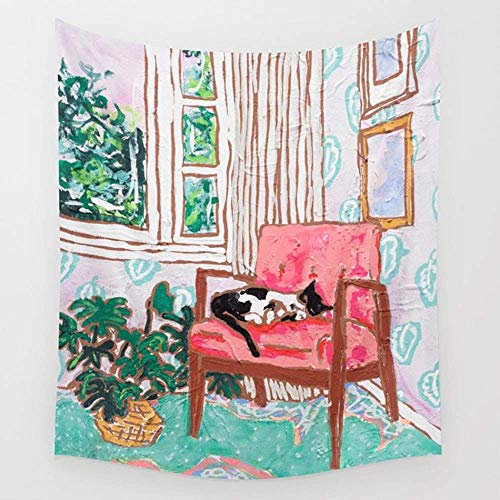 Culture - Daawqee Little Naps Tuxedo Cat Napping in a Pink Mid Century Chair by The Window Wall Tapestry Hanging Tapestries Wall Art for Living Room Bedroom Dorm Decor 80X60 inches [CD]