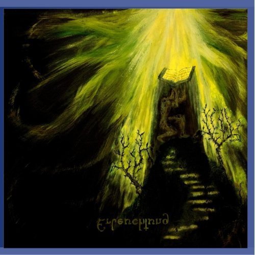 "Album cover art: dark stairway with yellow light and bare trees, blue border."