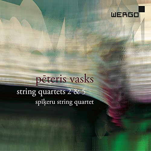 A CD cover with abstract, blurred image and text "peteris vasks string quartets 2 & 5".