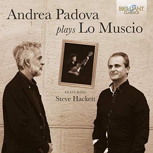 Sepia-toned album cover featuring two men and a framed photo of a guitarist.