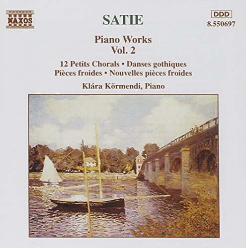 "Satie Piano Works CD cover featuring a serene river scene with sailboats and a bridge."