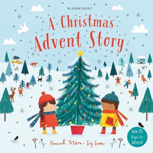 "Children's book cover featuring two children decorating a Christmas tree in a snowy forest."