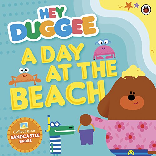 "Children's book cover featuring cartoon characters at the beach with a sandcastle."