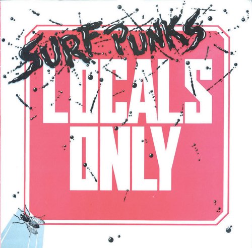 "Album cover with 'Surf Punks' and 'Locals Only' text, pink and white design with splatters."