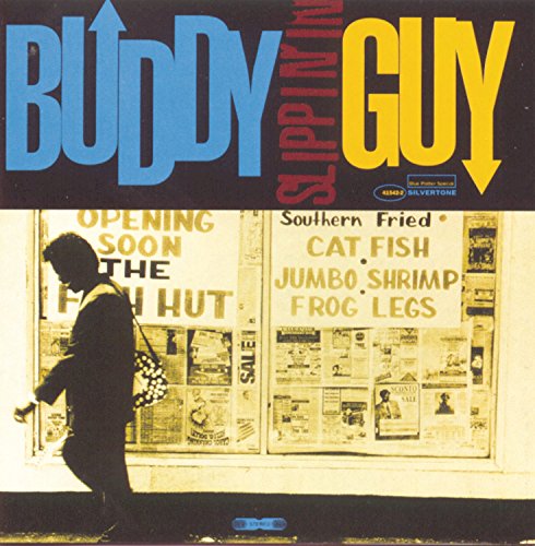 "Album cover with man walking past a restaurant window, 'Buddy Guy Slippin In' title."