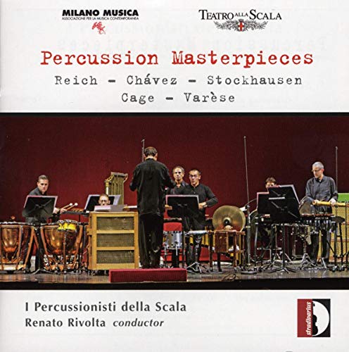 "CD cover featuring a conductor and percussionists on stage with various instruments."