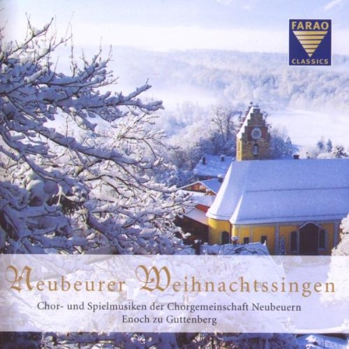 A snowy church scene with a blue and gold logo and German text overlay.