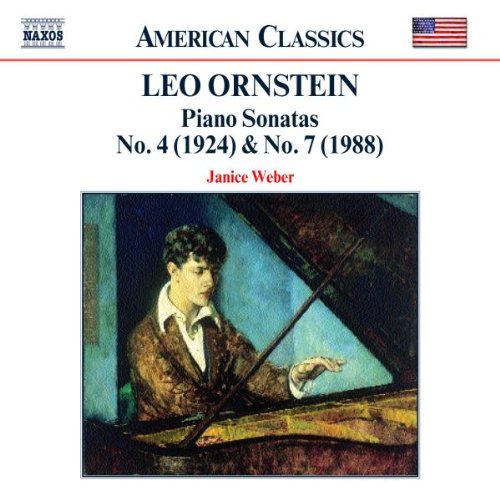 "CD cover with portrait of man playing piano, titled 'Leo Ornstein Piano Sonatas'."