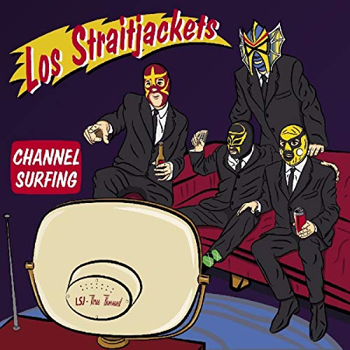 "Vinyl record cover featuring cartoon men in suits and masks watching TV together."