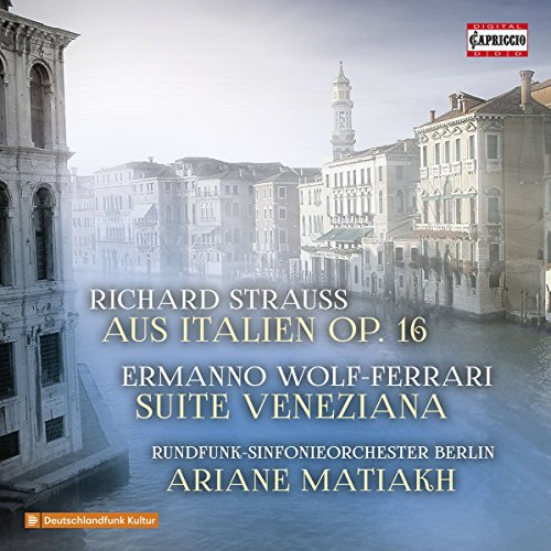 "CD cover with a faded image of a Venetian canal and classical music text."