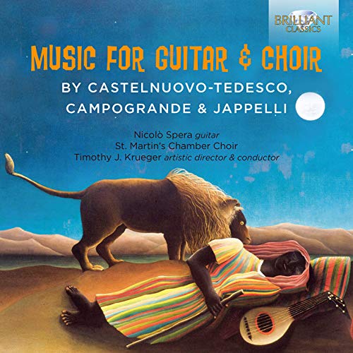 "CD cover featuring a man resting beside a lion, with a guitar nearby."