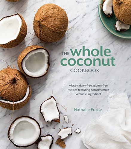 "Cookbook cover featuring coconuts on a marble surface, with title and author name displayed."