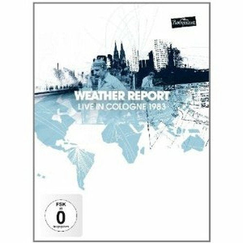 "Weather Report Live in Cologne 1983 DVD cover with blue-toned cityscape and world map."