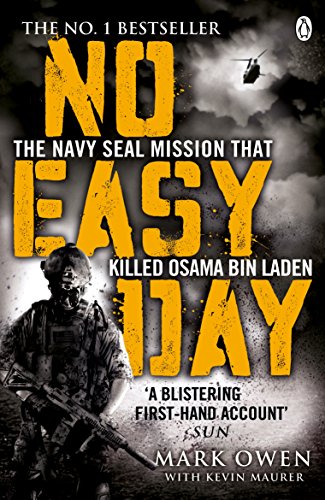 Book cover with soldier, helicopter, and bold yellow title "No Easy Day" on dark background.
