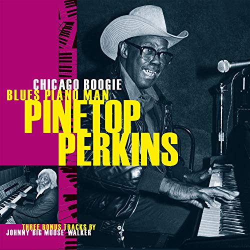 "Album cover featuring a man playing piano, wearing a white hat, on fuchsia background."