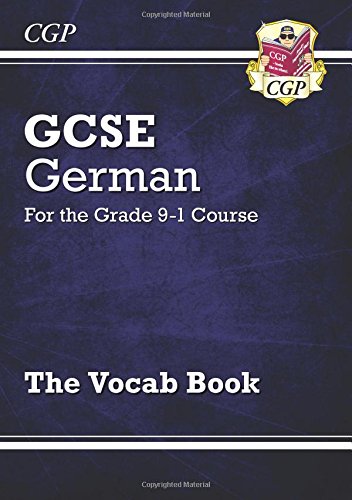 Blue GCSE German vocabulary book cover with white text and a CGP logo.